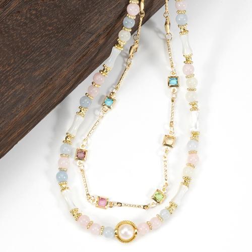 Collier bijoux de pierre gemme, laiton, avec pierre gemme & coquille & perle d'eau douce cultivée, Placage, Double couche & bijoux de mode & pavé de micro zircon, plus de couleurs à choisir, Trou:Environ 1mm, Vendu par PC