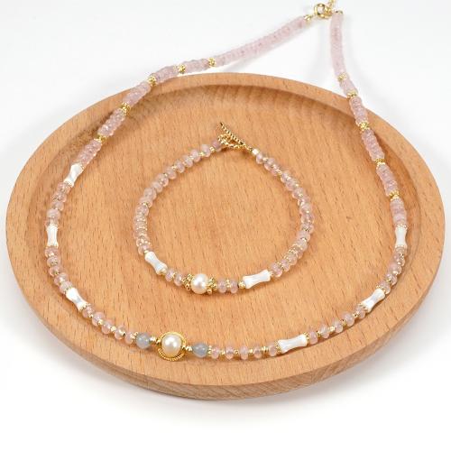 Natural Gemstone Jewelry Sets, bracelet & necklace, Brass, with Shell & Freshwater Pearl & Rose Quartz, plated, fashion jewelry, more colors for choice, Sold By PC
