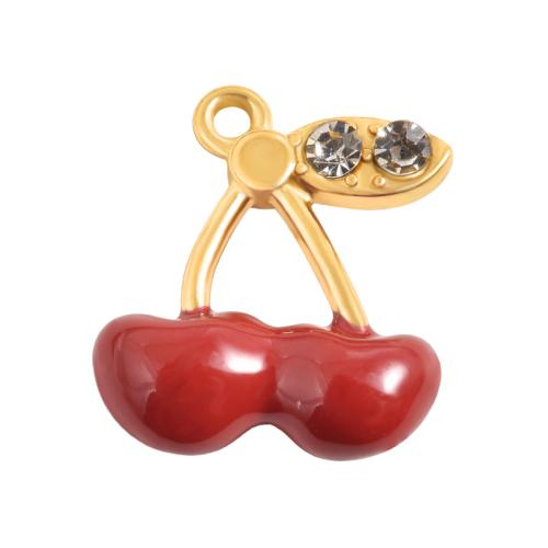Stainless Steel Pendants, 304 Stainless Steel, Cherry, gold color plated, DIY & enamel & with rhinestone, mixed colors, 10PCs/Bag, Sold By Bag