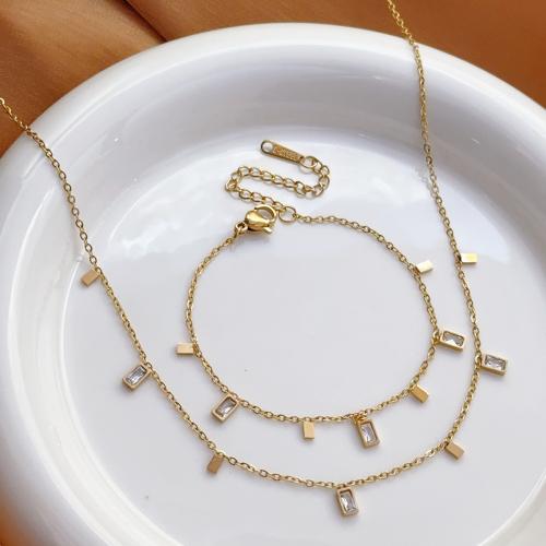 304 Stainless Steel Bracelet and Necklace, gold color plated, different styles for choice & for woman & with rhinestone, Sold By PC