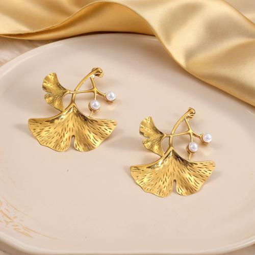 Edelstahl Ohrringe, 304 Edelstahl, mit Kunststoff Perlen, goldfarben plattiert, Modeschmuck, goldfarben, verkauft von Paar