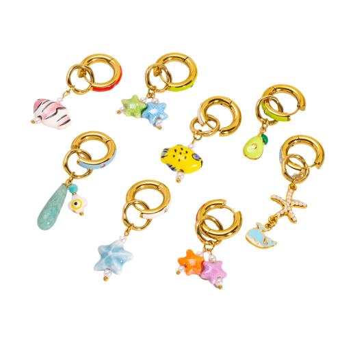 Серьги из камня, Нержавеющая сталь 304, с Природный камень & фарфор & Пластиковая жемчужина, Другое покрытие, ювелирные изделия моды & эмаль, Много цветов для выбора, продается PC