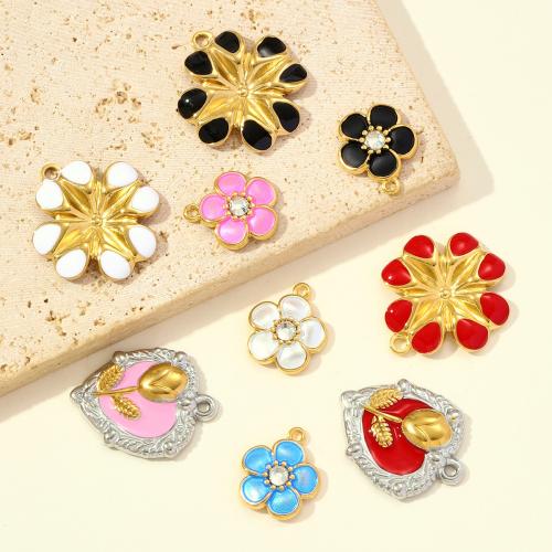 Stainless Steel Flower Pendant, 304 Stainless Steel, plated, DIY & enamel & with rhinestone, more colors for choice, 3PCs/Bag, Sold By Bag