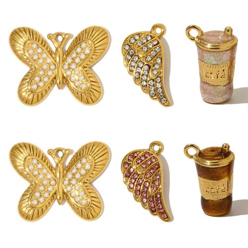 Stainless Steel Pendants, 304 Stainless Steel, with ABS Plastic Pearl, plated, DIY & enamel & with rhinestone, more colors for choice, 3PCs/Bag, Sold By Bag