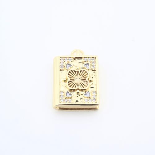 Cubic Zirconia Micro Pave Brass Pendant, Book, plated, DIY & micro pave cubic zirconia, golden, nickel, lead & cadmium free, 23x17x6mm, Sold By PC