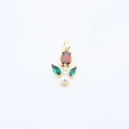 Cubic Zirconia Micro Pave Brass Pendant, with Plastic Pearl, Tulip, plated, DIY & micro pave cubic zirconia, more colors for choice, nickel, lead & cadmium free, 19x12x5mm, Sold By PC