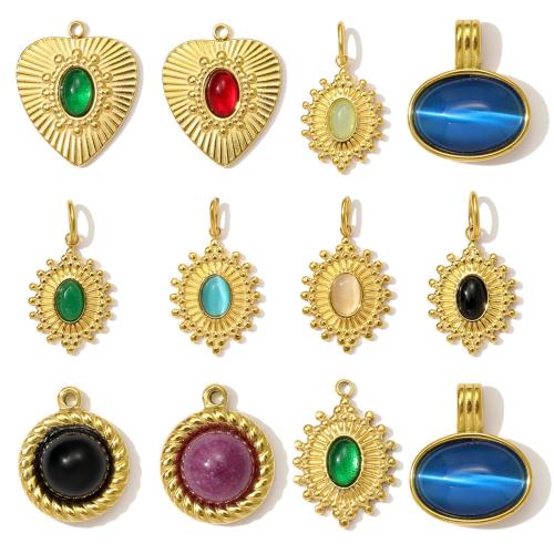 Bijoux Pendentifs en pierres gemmes, Acier inoxydable 304, avec Pierre naturelle & Oeil de chat & résine, Placage de couleur d'or, DIY, plus de couleurs à choisir, 3PC/sac, Vendu par sac