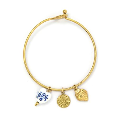 304 Stainless Steel Cuff Bangle, with Porcelain, gold color plated, fashion jewelry, mixed colors, Sold By PC