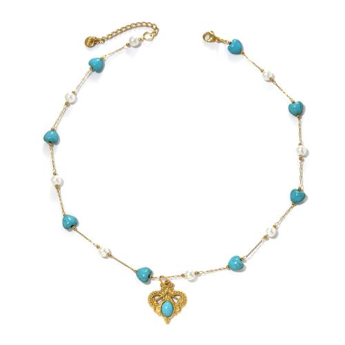 Collier de bijoux en acier inoxydable, Acier inoxydable 304, avec turquoise synthétique & perle de plastique, Placage de couleur d'or, bijoux de mode, plus de couleurs à choisir, Vendu par PC