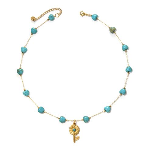 Collier de bijoux en acier inoxydable, Acier inoxydable 304, avec turquoise synthétique, Placage de couleur d'or, bijoux de mode, plus de couleurs à choisir, Vendu par PC