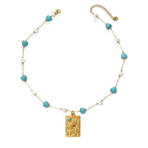 Collier de bijoux en acier inoxydable, Acier inoxydable 304, avec turquoise synthétique & perle de plastique, Placage de couleur d'or, bijoux de mode, plus de couleurs à choisir, Vendu par PC