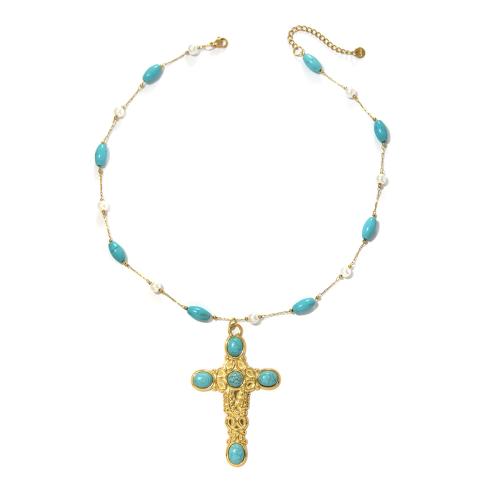 Collar de acero inoxidable de la joyería, acero inoxidable 304, con Turquesa sintético & Perlas plásticas, chapado en color dorado, más colores para la opción, Vendido por UD