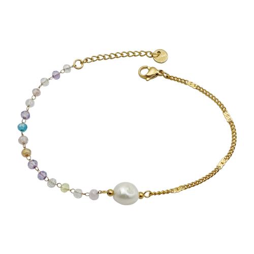 Stainless Steel Jewelry Bracelet, 304 Stainless Steel, with Glass Beads & Plastic Pearl, gold color plated, fashion jewelry, mixed colors, Sold By PC
