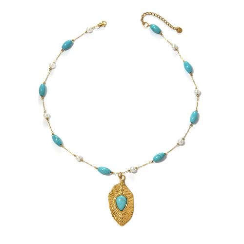 Collar de acero inoxidable de la joyería, acero inoxidable 304, con Turquesa sintético & Perlas plásticas, chapado en color dorado, más colores para la opción, Vendido por UD