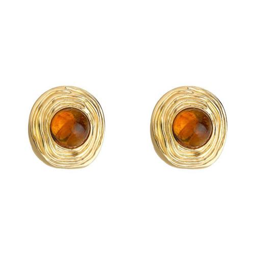 Resin Earring, Brass, with Resin, gold color plated, vintage & for woman, amber, 22x20mm, Sold By Pair
