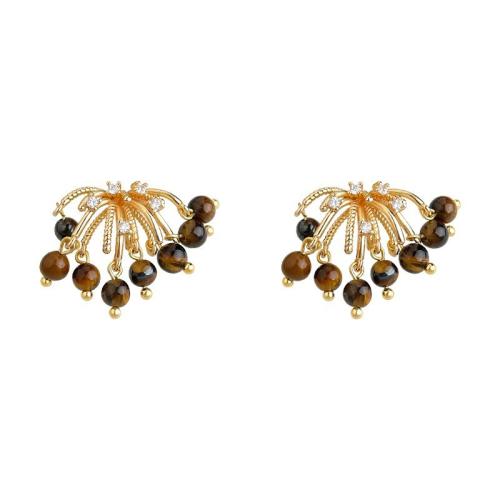 Natural Gemstone Earrings, Brass, with Tiger Eye, gold color plated, vintage & for woman & with cubic zirconia, 25x21mm, Sold By Pair