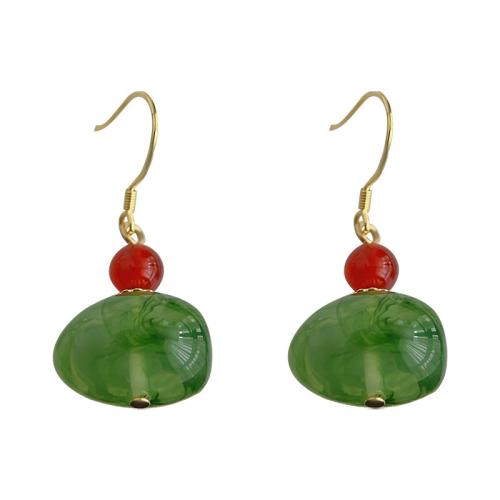 Resin Earring, Brass, with Red Agate & Resin, gold color plated, for woman, green, 17x39mm, Sold By Pair