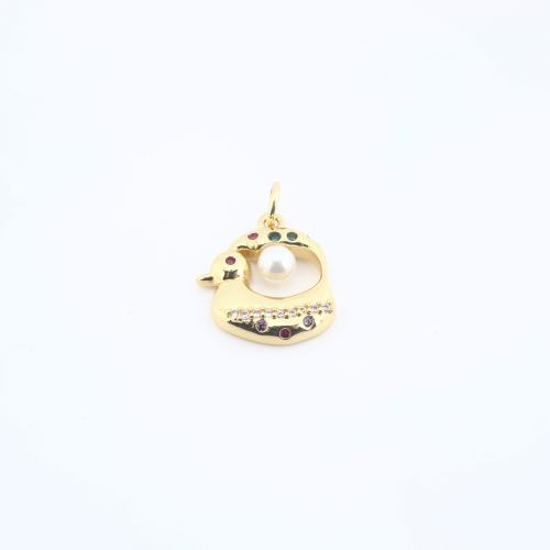 Cubic Zirconia Micro Pave Brass Pendant, with Plastic Pearl, Duck, plated, DIY & micro pave cubic zirconia, more colors for choice, 16x15x4mm, Sold By PC