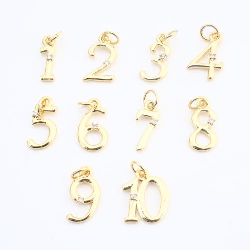 Befestigter Zirkonia Messing Anhänger, Zahl, plattiert, DIY & Micro pave Zirkonia, goldfarben, 14x7x2mm, verkauft von PC