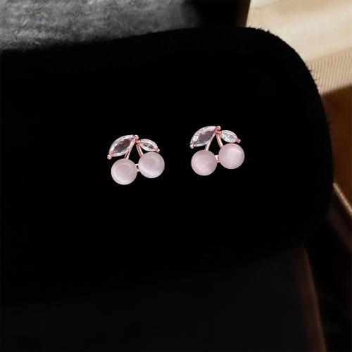 Boucles d'oreilles en laiton zircon cubique pavent, avec zircon cubique & cristal,  puce boucle d'oreille, cerise, Placage de couleur d'or, pour femme, rose, 11x9mm, Vendu par paire