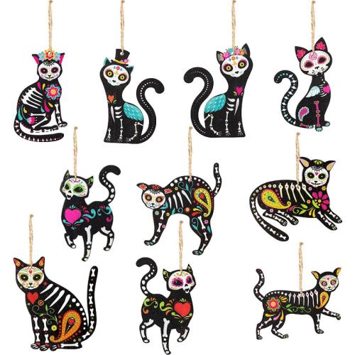 Pine Hanging Ornaments, Cat, Halloween Design, 10PCs/Set, Sold By Set