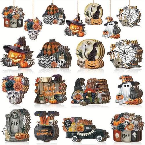 Wood Hanging Ornaments, Halloween Design, 12PCs/Set, Sold By Set