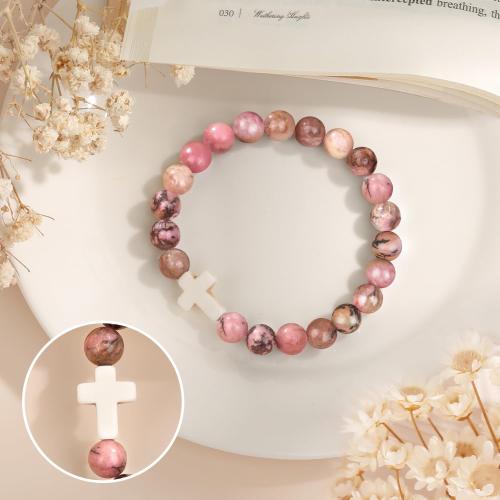 Rhodochrosite Bracelet, Cross, handmade, elastic & for woman, beads size 8mm, Length:Approx 7-8 Inch, Sold By PC