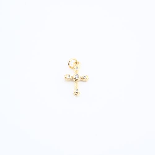 Befestigter Zirkonia Messing Anhänger, Kreuz, plattiert, DIY & Micro pave Zirkonia, goldfarben, frei von Nickel, Blei & Kadmium, 14x9x2mm, verkauft von PC
