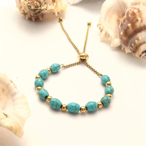 Acier inoxydable 304 bracelet, avec turquoise synthétique, unisexe & réglable, Or, Longueur:Environ 26 cm, Vendu par PC
