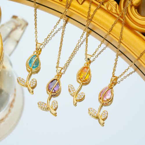 Titanium Steel Necklace, with Cats Eye & Brass, Tulip, gold color plated, oval chain & micro pave cubic zirconia & for woman, more colors for choice, Length:Approx 16 Inch, Sold By PC