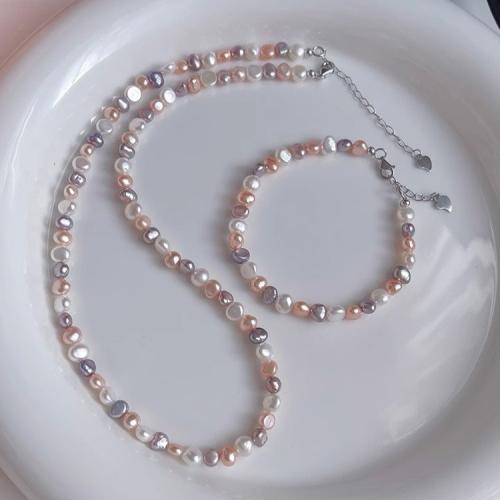 Natural Cultured Freshwater Pearl Jewelry Sets, bracelet & necklace, with Brass, Baroque, plated, fashion jewelry, more colors for choice, 4-7mm, Length:41 cm, Sold By PC