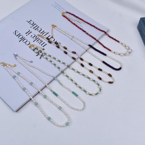 Natural Freshwater Pearl Necklace, 925 Sterling Silver, with Natural Stone & Freshwater Pearl, irregular, fashion jewelry & micro pave cubic zirconia, more colors for choice, 4-5mm, Sold Per 38 cm Strand