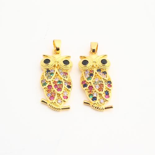 Rhinestone Brass Pendants, Owl, plated, DIY & with rhinestone, golden, nickel, lead & cadmium free, 20PCs/Bag, Sold By Bag