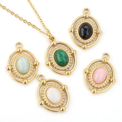 Gemstone Pendants Jewelry, 304 Stainless Steel, with Gemstone, Oval, gold color plated, DIY, Random Color, 21x16mm, 5PCs/Bag, Sold By Bag