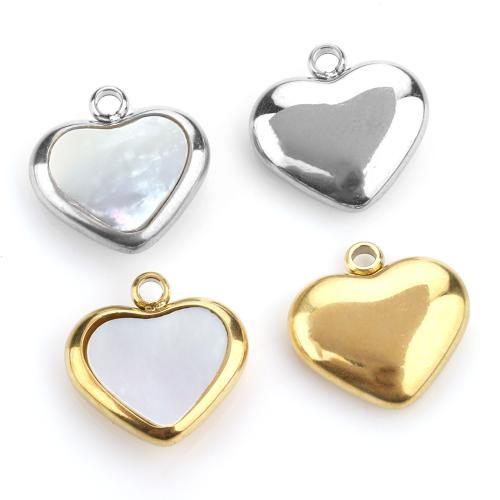 Pendentifs de coquillages blancs naturels, Acier inoxydable 304, avec coquille blanche, coeur, Placage, DIY, plus de couleurs à choisir, 11x11mm, 10PC/sac, Vendu par sac