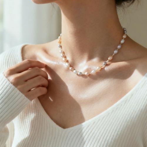 Freshwater Pearl Brass Necklace, with Brass, Baroque, plated, fashion jewelry, more colors for choice, 8-9mm, Sold By PC