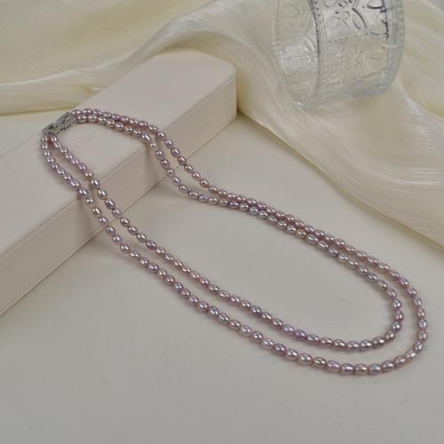 Freshwater Pearl Sweater Chain Necklace, Rice, Double Layer & fashion jewelry, purple, 4-5mm, Sold Per 50 cm Strand