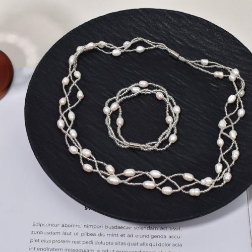 Natural Cultured Freshwater Pearl Jewelry Sets, bracelet & necklace, with Seedbead & Brass, Baroque, fashion jewelry, more colors for choice, 5-6mm, Sold By PC