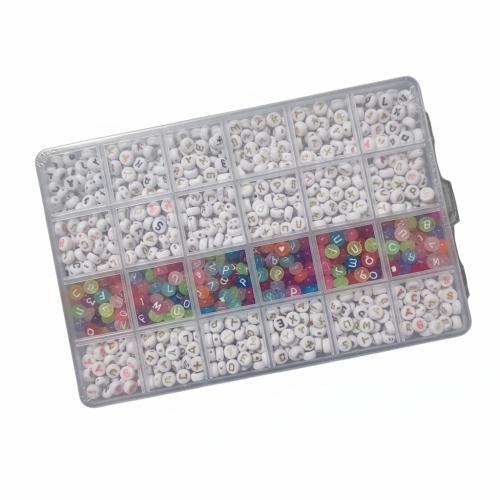 Perles acrylique alphabet, Lettre d’alphabet, DIY, couleurs mélangées, Beads: 4x7mm, packaging size: 19x13x2.1CM, 1200PC/boîte, Vendu par boîte