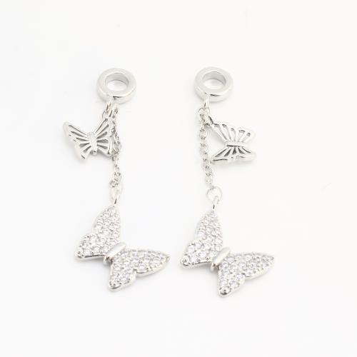 Rhinestone Brass Pendants, Butterfly, plated, DIY & with rhinestone, silver color, nickel, lead & cadmium free, 20PCs/Bag, Sold By Bag