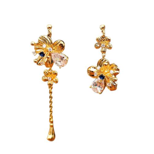 Asymmetric Earrings, Brass, with Crystal, Flower, 18K gold plated, for woman & with cubic zirconia, 6.7x1.8cm, 3.8x1.8cm, Sold By Pair
