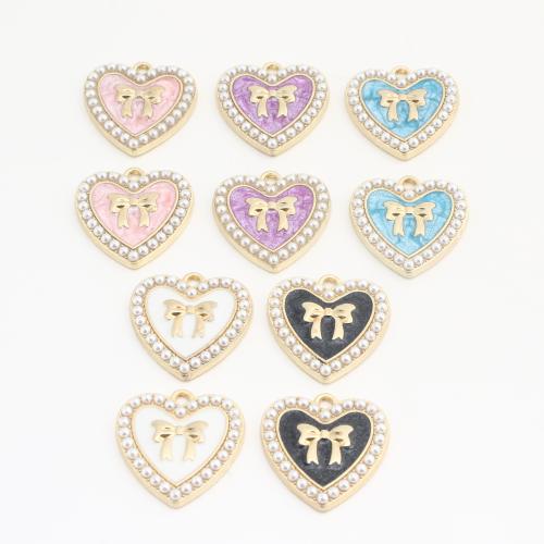 Brass Heart Pendants, with Plastic Pearl, Bowknot, gold color plated, DIY & enamel, more colors for choice, 21x20x3mm, 100PCs/Bag, Sold By Bag