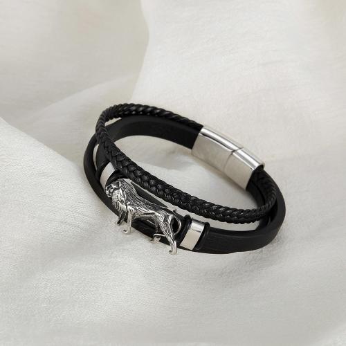 PU Leather Cord Bracelets, with Stainless Steel, Lion, Unisex, Length:Approx 21.5 cm, Sold By PC