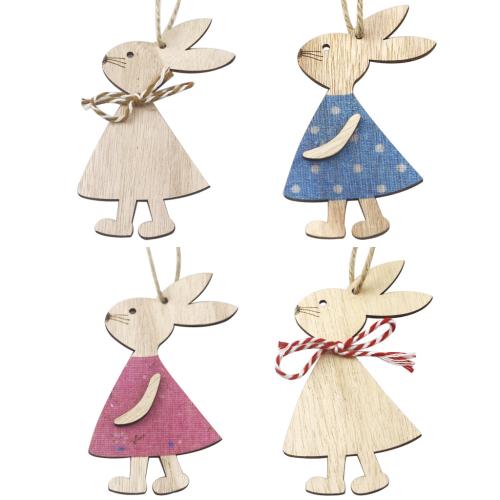 Boxwood Hanging Ornaments, with Linen, Rabbit, DIY, more colors for choice, 110x70x3mm, Sold By Set