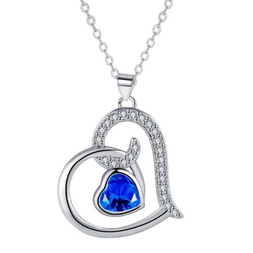 Cubic Zircon Micro Pave Brass Necklace, with 5cm extender chain, Heart, platinum color plated, oval chain & micro pave cubic zirconia & for woman, blue, 19x22mm, Sold Per Approx 45 cm Strand