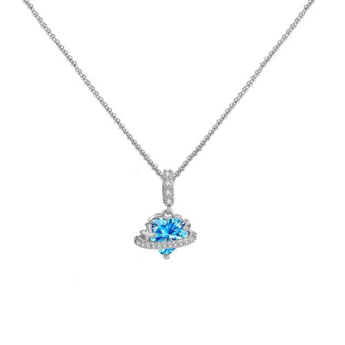 Collier en laiton, avec chaîne en acier inoxydable, avec 5cm chaînes de rallonge, coeur, Placage de couleur argentée, chaîne de boîte & pour femme & avec strass, bleu, 12.30x19.40mm, Vendu par Environ 45 cm brin
