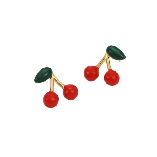 Boucle d'oreille de gaujon en acier inoxydable, cerise, Plaqué or 18K, pour femme, 14.50x15.50mm, Vendu par paire