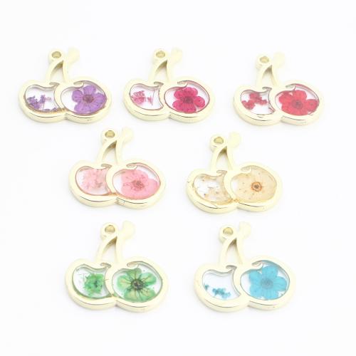 Brass Pendant, with Dried Flower & Resin, Cherry, gold color plated, DIY, more colors for choice, Sold By PC