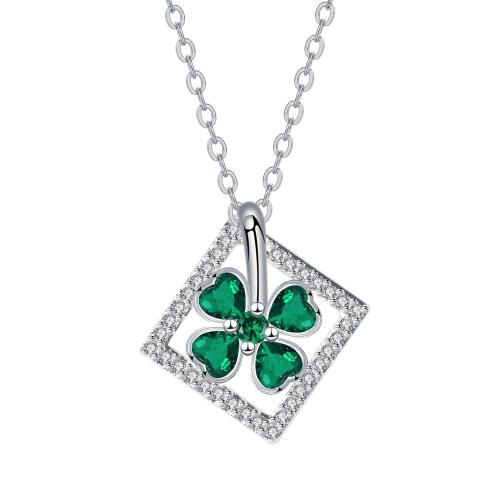 Cubic Zircon Micro Pave Brass Necklace, with stainless steel chain, with 5cm extender chain, Four Leaf Clover, platinum color plated, oval chain & micro pave cubic zirconia & for woman, green, 21x22mm, Sold Per Approx 45 cm Strand