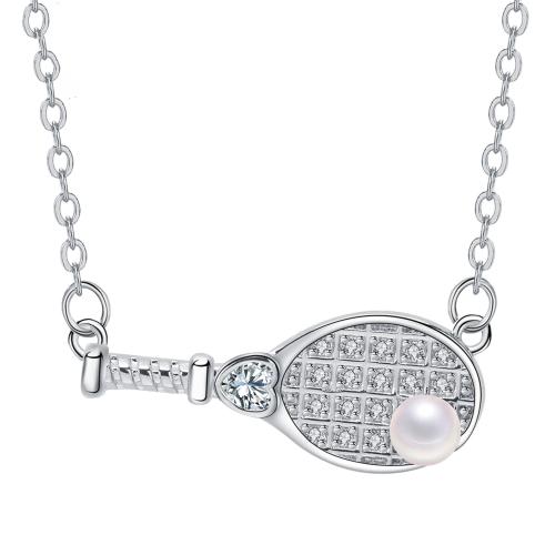 Cubic Zircon Micro Pave Brass Necklace, with Plastic Pearl, with 5cm extender chain, Badminton Racket, platinum color plated, oval chain & micro pave cubic zirconia & for woman, 23.70x9mm, Sold Per Approx 45 cm Strand